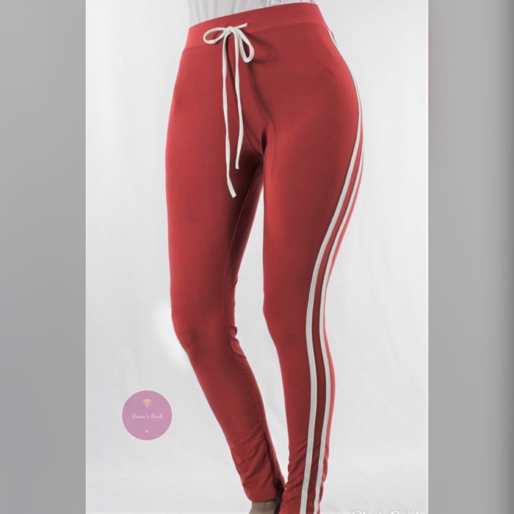 Casual Red Track Drawstring Sweatpants Two Stripes